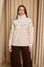 Πουλόβερ πλεκτό με σχέδιο και στρας μπεζ - Image 3