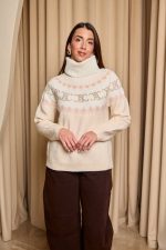 Πουλόβερ πλεκτό με σχέδιο και στρας μπεζ - Image 4