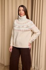 Πουλόβερ πλεκτό με σχέδιο και στρας μπεζ - Image 5