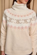 Πουλόβερ πλεκτό με σχέδιο και στρας μπεζ - Image 8