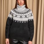 Πουλόβερ πλεκτό με σχέδιο και στρας γκρι - μαύρο