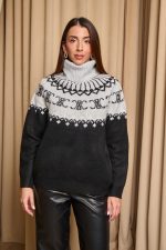 Πουλόβερ πλεκτό με σχέδιο και στρας γκρι - μαύρο