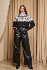 Πουλόβερ πλεκτό με σχέδιο και στρας γκρι - μαύρο - Image 2