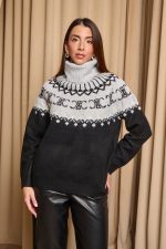 Πουλόβερ πλεκτό με σχέδιο και στρας γκρι - μαύρο - Image 3