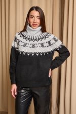 Πουλόβερ πλεκτό με σχέδιο και στρας γκρι - μαύρο - Image 4