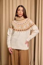 Πουλόβερ πλεκτό με σχέδιο και στρας μπεζ - εκρού