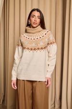 Πουλόβερ πλεκτό με σχέδιο και στρας μπεζ - εκρού - Image 3