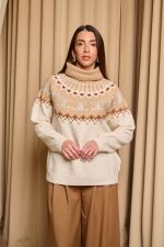 Πουλόβερ πλεκτό με σχέδιο και στρας μπεζ - εκρού - Image 4