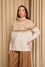 Πουλόβερ πλεκτό με σχέδιο και στρας μπεζ - εκρού - Image 5