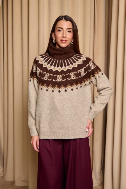 Πουλόβερ πλεκτό με σχέδιο και στρας καφέ - πούρο