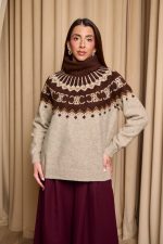 Πουλόβερ πλεκτό με σχέδιο και στρας καφέ - πούρο - Image 3