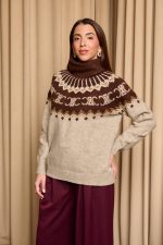 Πουλόβερ πλεκτό με σχέδιο και στρας καφέ - πούρο - Image 4