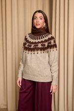 Πουλόβερ πλεκτό με σχέδιο και στρας καφέ - πούρο - Image 5