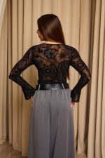 Κορμάκι see through με floral print και χρυσή λεπτομέρεια μαύρο - Image 6