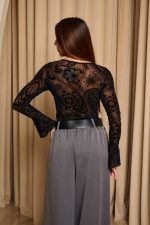 Κορμάκι see through με floral print και χρυσή λεπτομέρεια μαύρο - Image 7