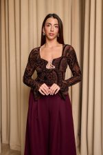 Κορμάκι see through με floral print και χρυσή λεπτομέρεια καφέ