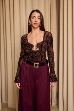 Κορμάκι see through με floral print και χρυσή λεπτομέρεια καφέ - Image 3