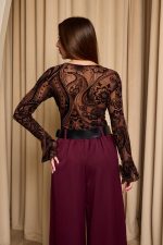 Κορμάκι see through με floral print και χρυσή λεπτομέρεια καφέ - Image 7