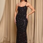 Φόρεμα maxi με παγιέτες και λεπτές τιράντες μαύρο