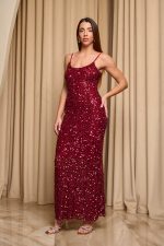 Φόρεμα maxi με παγιέτες και λεπτές τιράντες κόκκινο - Image 3