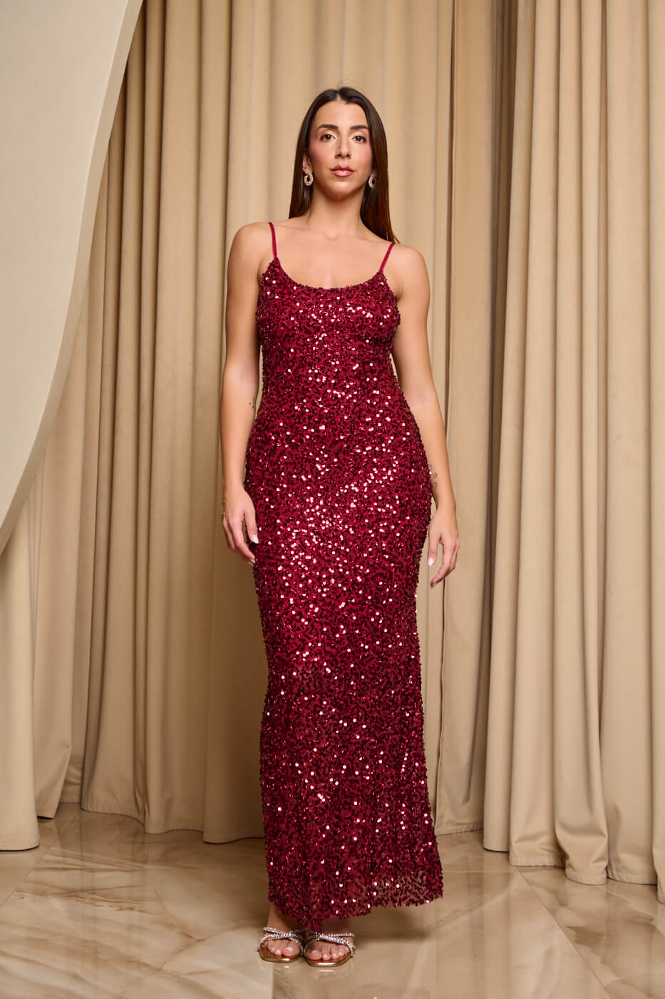 GA-2043 Φόρεμα maxi με παγιέτες και λεπτές τιράντες κόκκινο