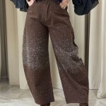 Παντελόνι τζιν barrel με στρας σκούρο καφέ