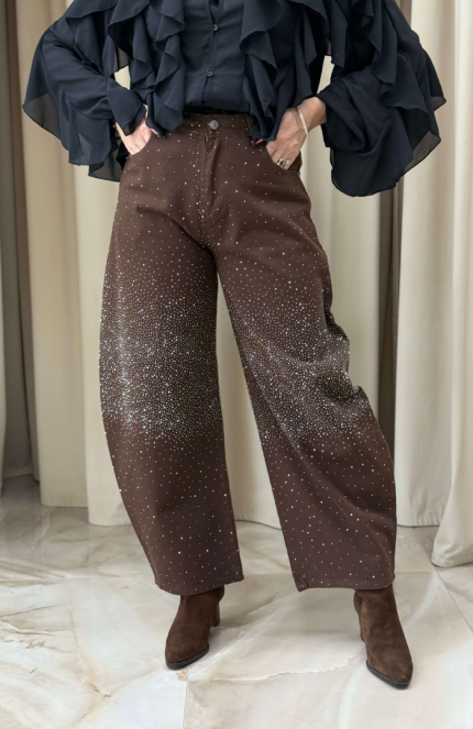 Παντελόνι τζιν barrel με στρας σκούρο καφέ