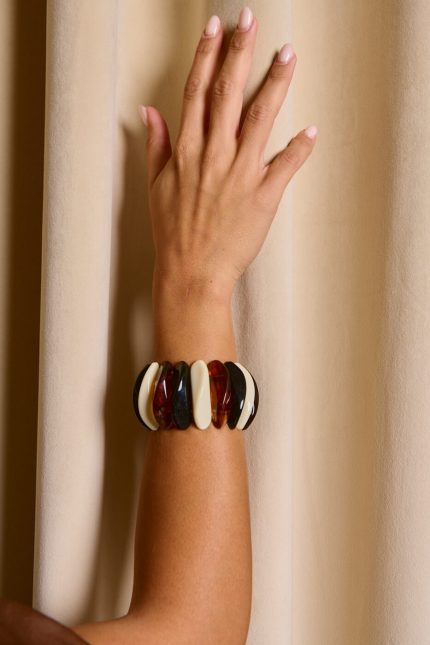 Βραχιόλι κοκάλινο με σχέδια σαν πέτρες σε καφέ - μαύρο - λευκό