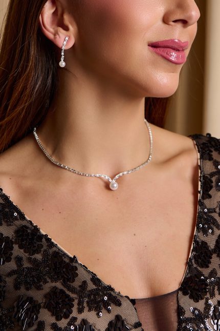 Σετ κολιέ - σκουλαρίκια με πέρλα και στρας ασημί