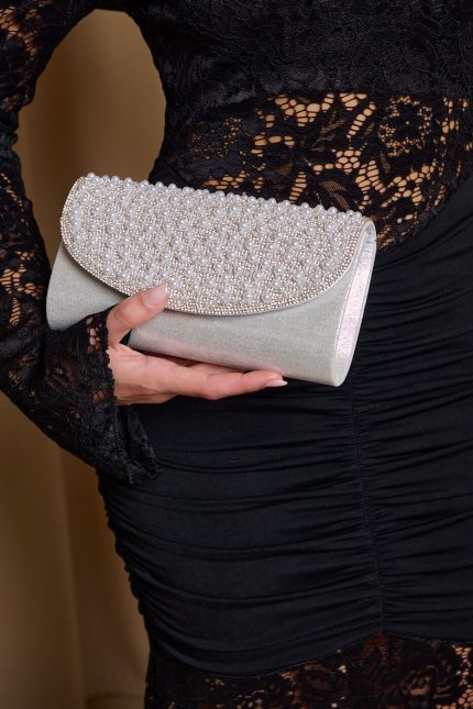 Tσάντα χειρός με πέρλες και στρας ασημί