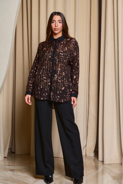 Πουκάμισο με print και σειρές από χρυσά στρας σκούρο καφέ