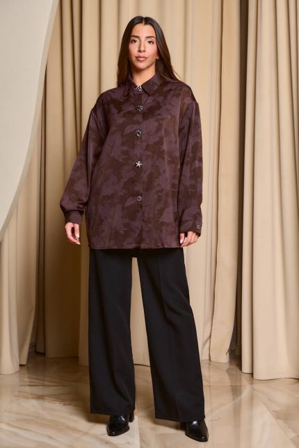 Πουκάμισο με floral print και κουμπιά κόσμημα καφέ