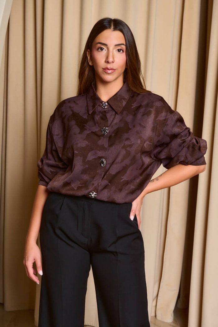 Πουκάμισο με floral print και κουμπιά κόσμημα καφέ