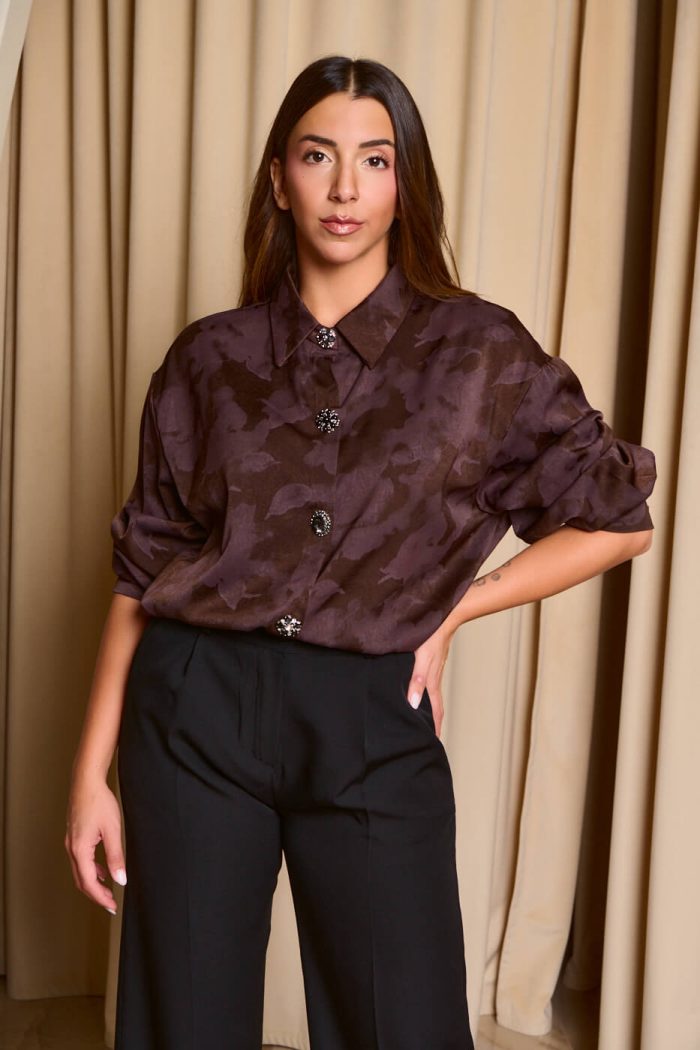 Πουκάμισο με floral print και κουμπιά κόσμημα καφέ