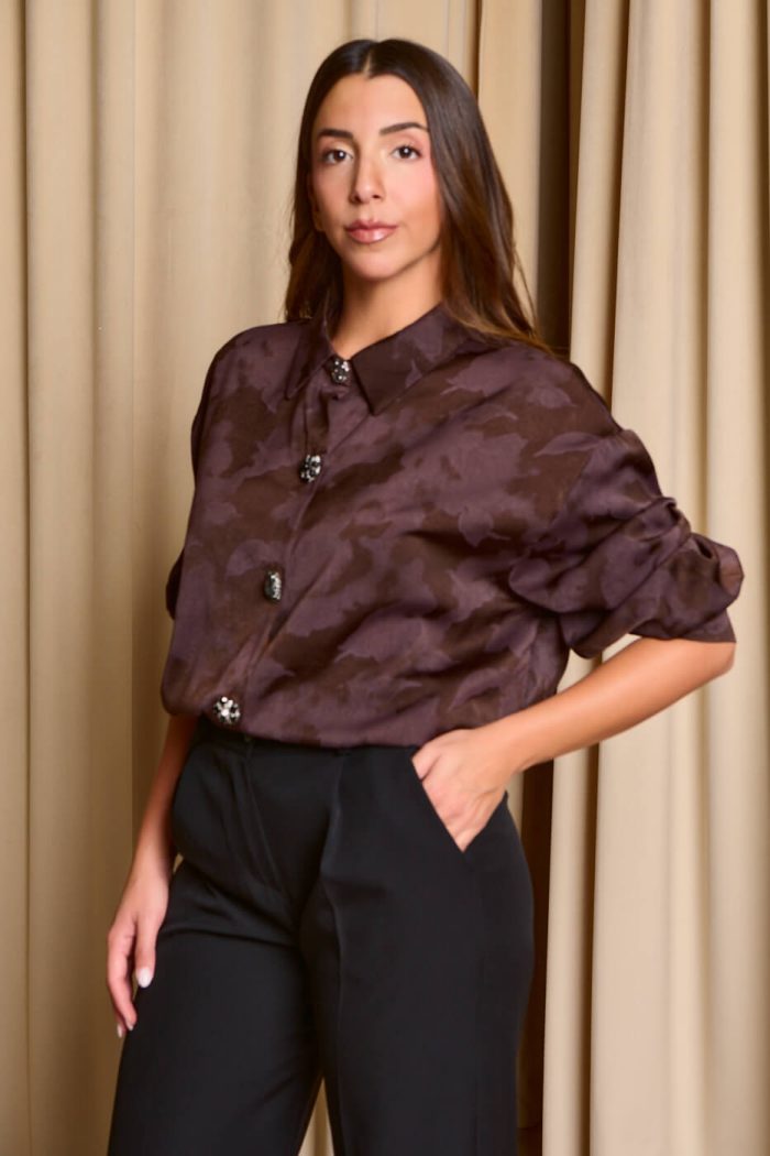Πουκάμισο με floral print και κουμπιά κόσμημα καφέ