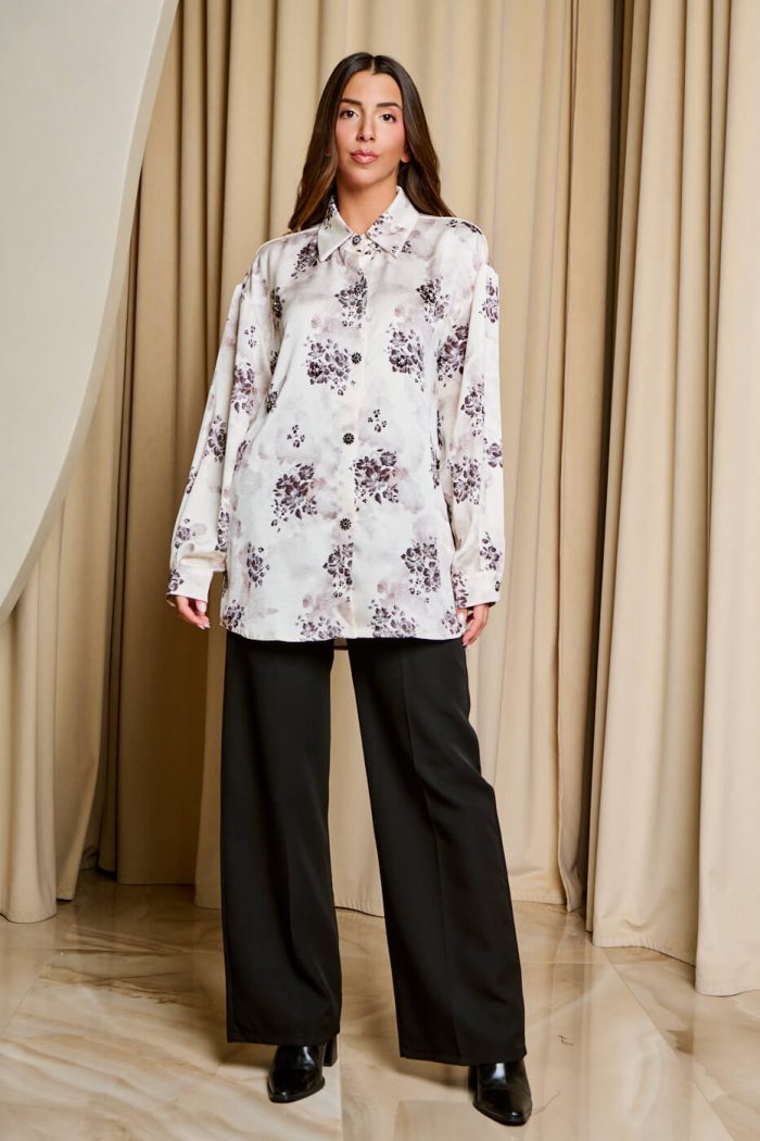 Πουκάμισο με floral print και κουμπιά κόσμημα εκρού