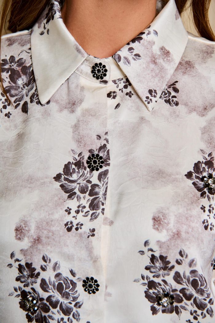 Πουκάμισο με floral print και κουμπιά κόσμημα εκρού
