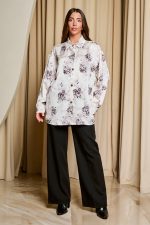 Πουκάμισο με floral print και κουμπιά κόσμημα εκρού