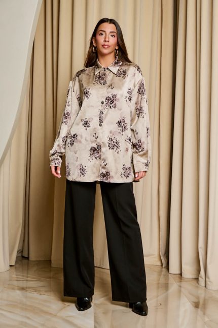 Πουκάμισο με floral print και κουμπιά κόσμημα μπεζ