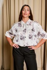 Πουκάμισο με floral print και κουμπιά κόσμημα εκρού