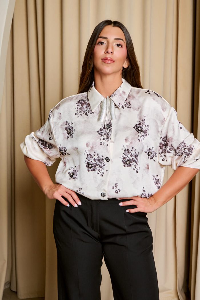 Πουκάμισο με floral print και κουμπιά κόσμημα εκρού