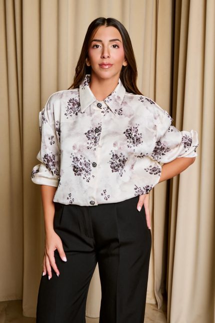 Πουκάμισο με floral print και κουμπιά κόσμημα εκρού