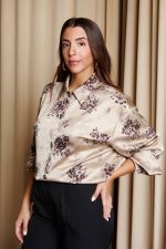 Πουκάμισο με floral print και κουμπιά κόσμημα μπεζ