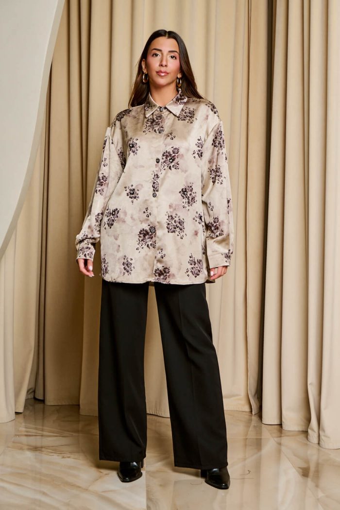 Πουκάμισο με floral print και κουμπιά κόσμημα μπεζ