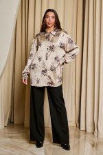 Πουκάμισο με floral print και κουμπιά κόσμημα μπεζ