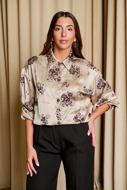 Πουκάμισο με floral print και κουμπιά κόσμημα μπεζ