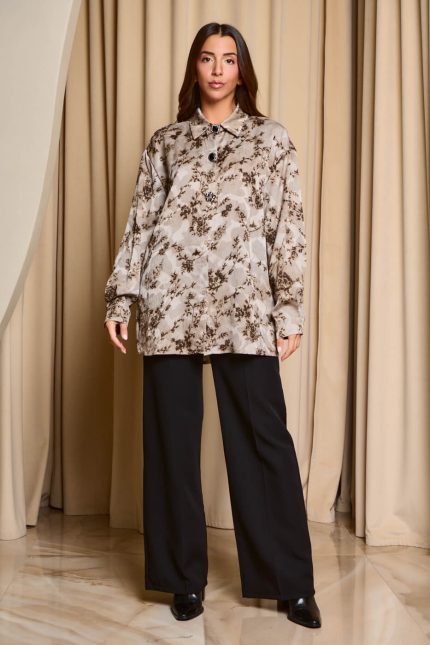 Πουκάμισο με floral print και κουμπιά κόσμημα γκρι