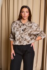 Πουκάμισο με floral print και κουμπιά κόσμημα γκρι