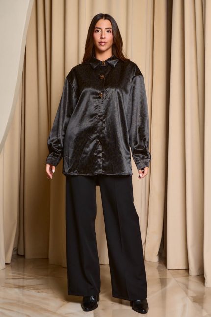 Πουκάμισο σατέν με κουμπιά κόσμημα μαύρο