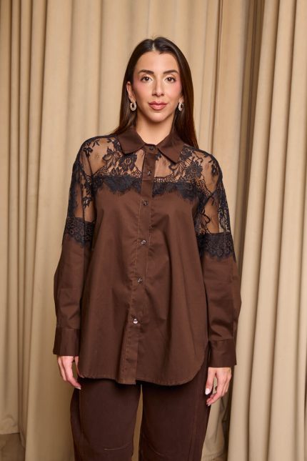 Πουκάμισο με σχέδιο δαντέλα στο πάνω μέρος σκούρο καφέ